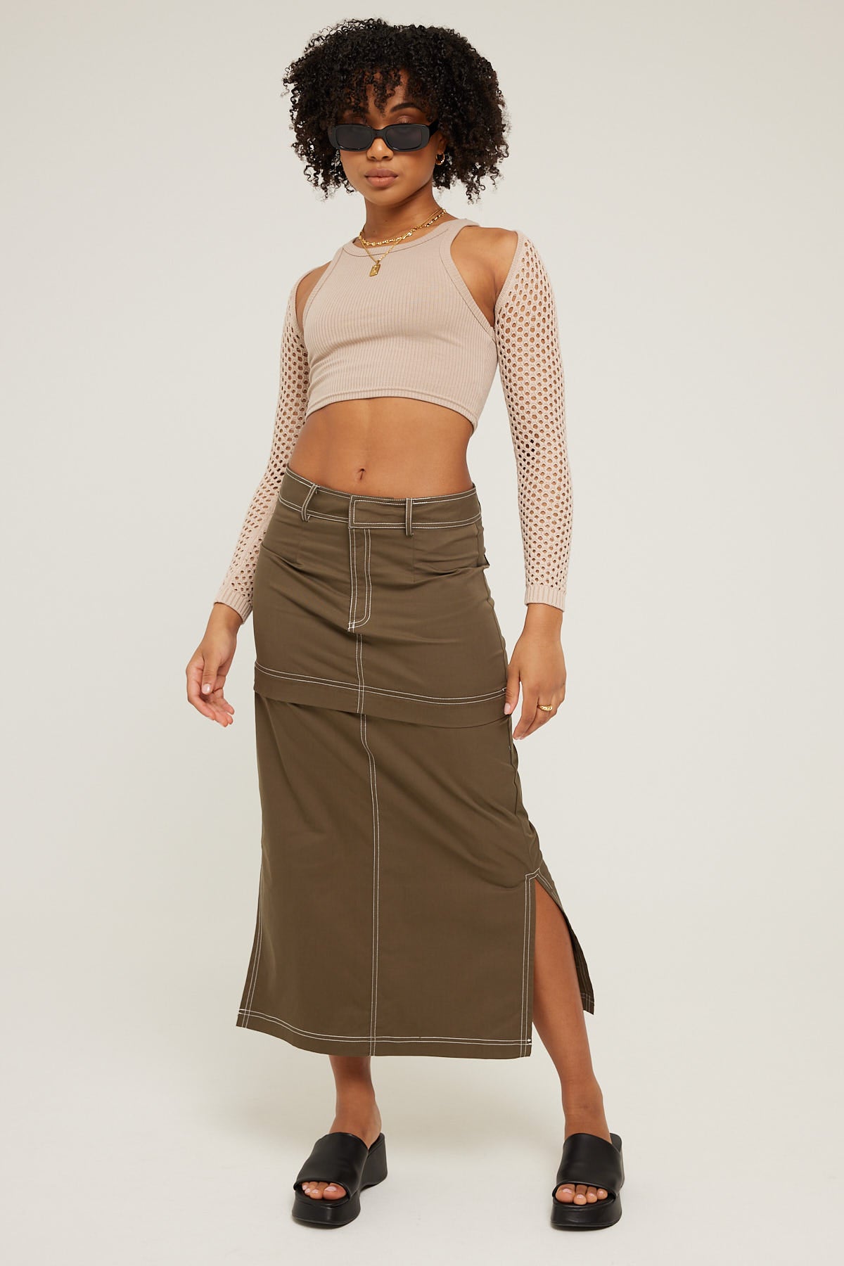 Luck & Trouble Zip Off Mid Rise Midi Skirt Khaki Green