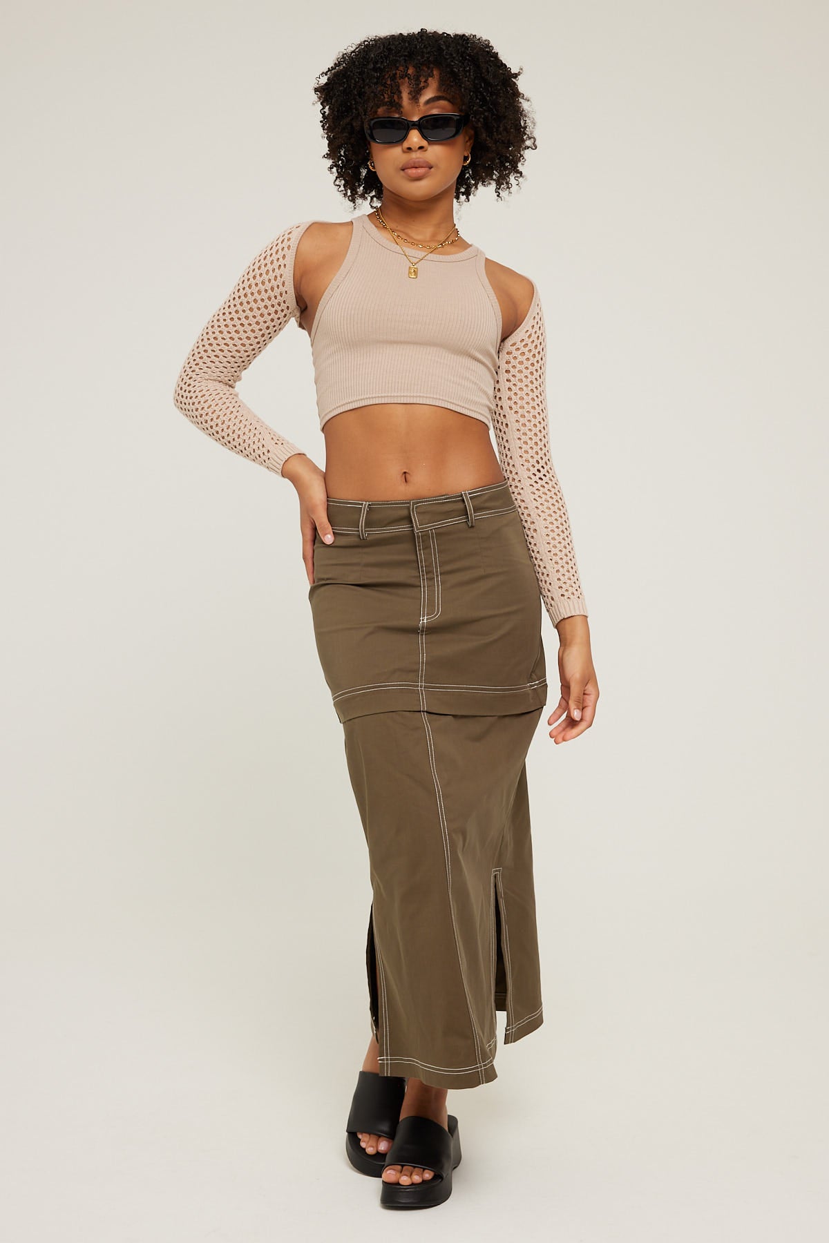 Luck & Trouble Zip Off Mid Rise Midi Skirt Khaki Green
